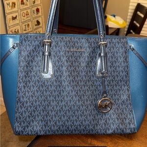 Michael Kors Navy Blue MK Monogram Tote with Gold Charm